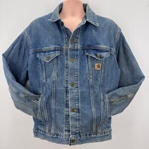 VTG Carhartt USA Denim Jacket Mens M TALL J11DST Blanket Lined Distressed Grunge